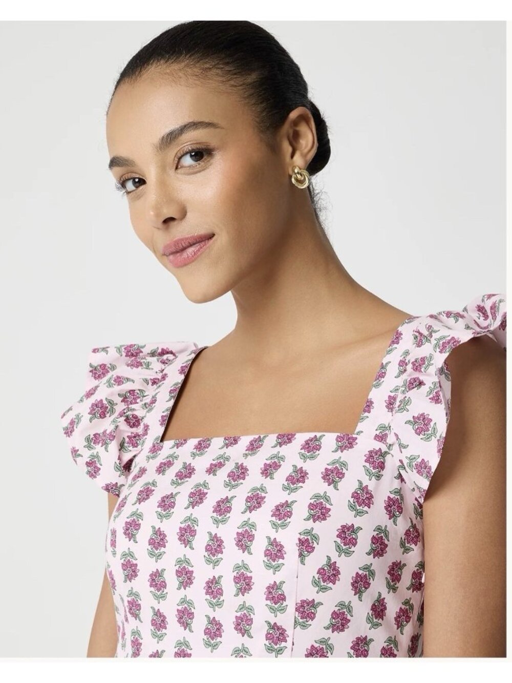 J.Crew Floral Midi Dress Pink Ruffle Sleeve Square Neck Cotton Size 6P NWT $158 - Picture 5 of 16
